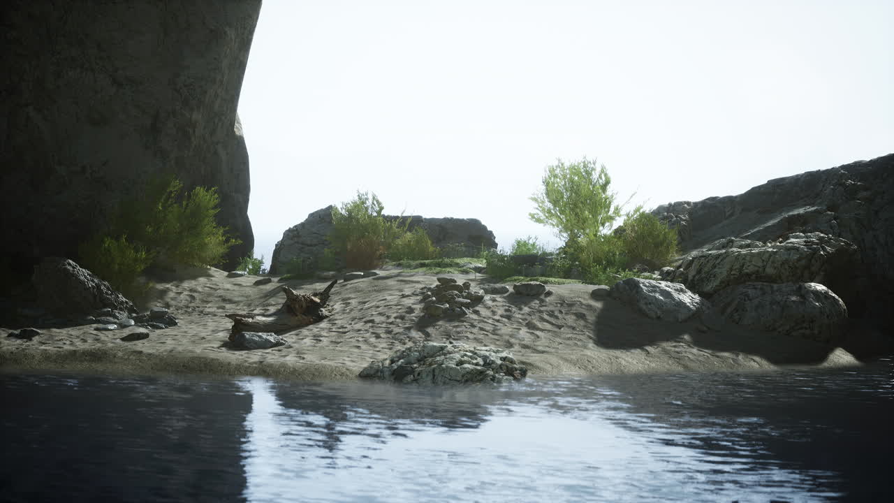 동굴 과 바위 가 있는 조용 한 해변 풍경