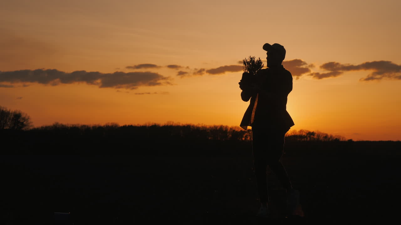 해가 지는 동안 식물 을 들고 있는 남자