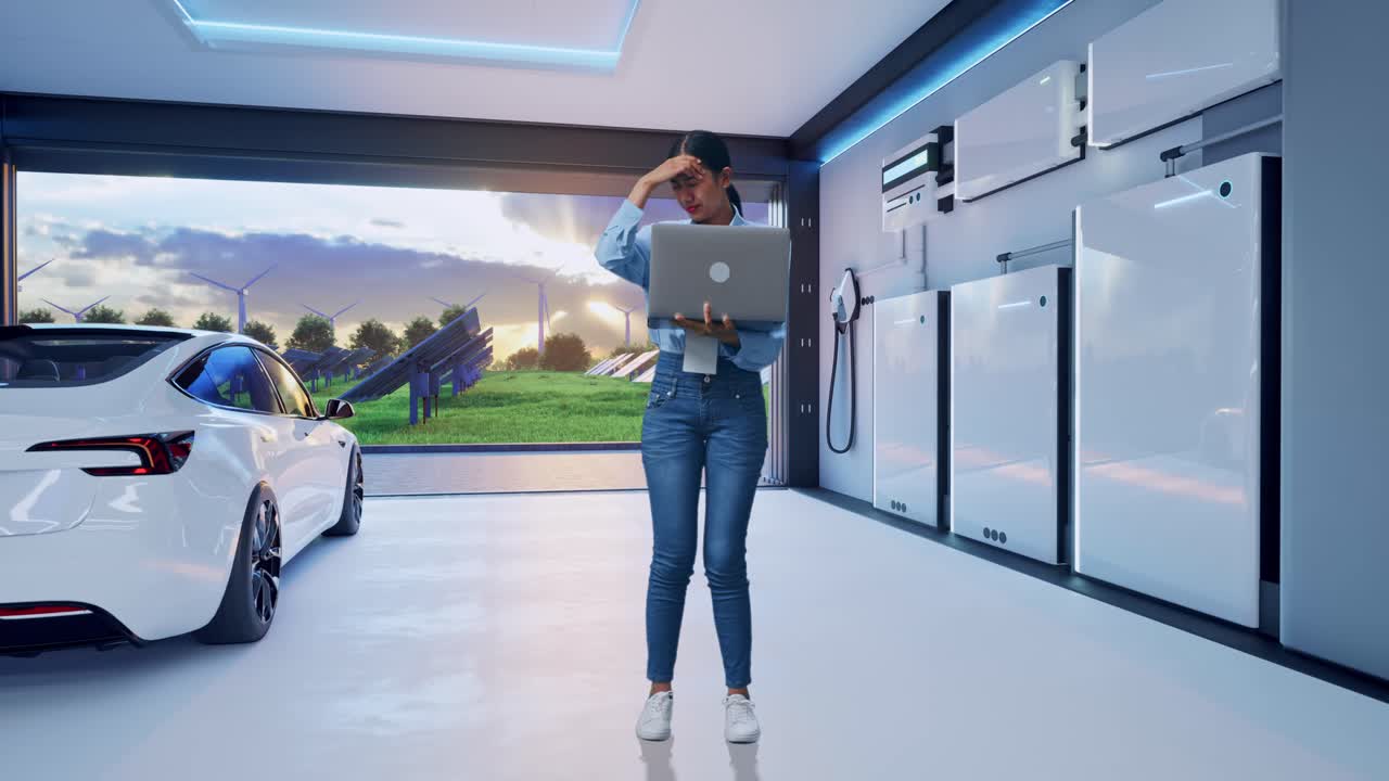 Full Body Of Asian Female With Her Laptop With Home Energy Storage System In a Modern Garage, She Is Nodding Her Shead With Dissapionted