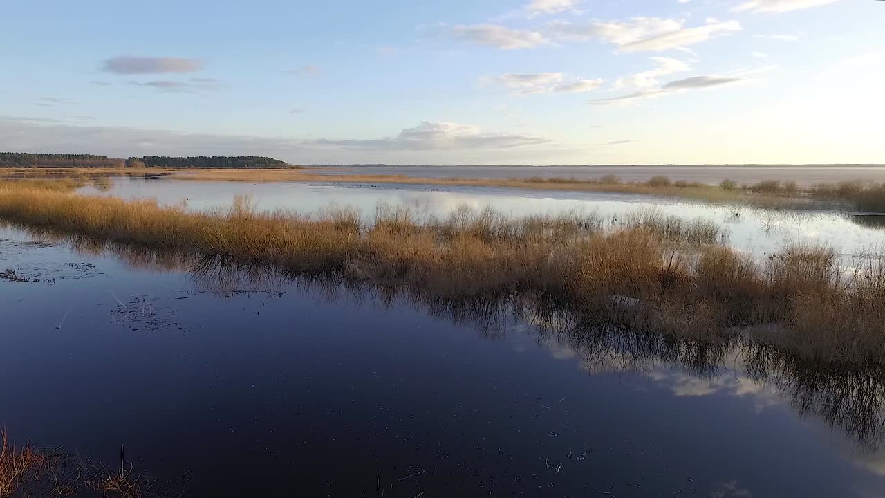 lago tranquilo burtnieks con poco hielo y alto nivel de agua en vista aérea de primavera