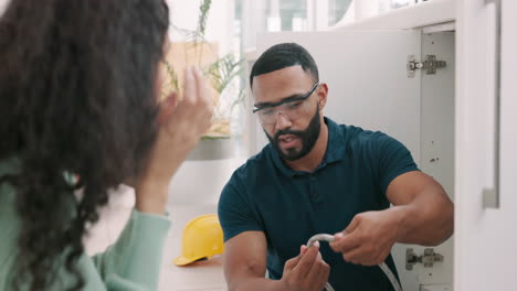 Plumber-black-man,-woman-and-maintenance-talk