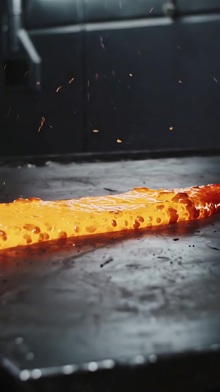 Vertical video: Heat rising causing molten ribbon boiling across plate, sending sparks in dim shop