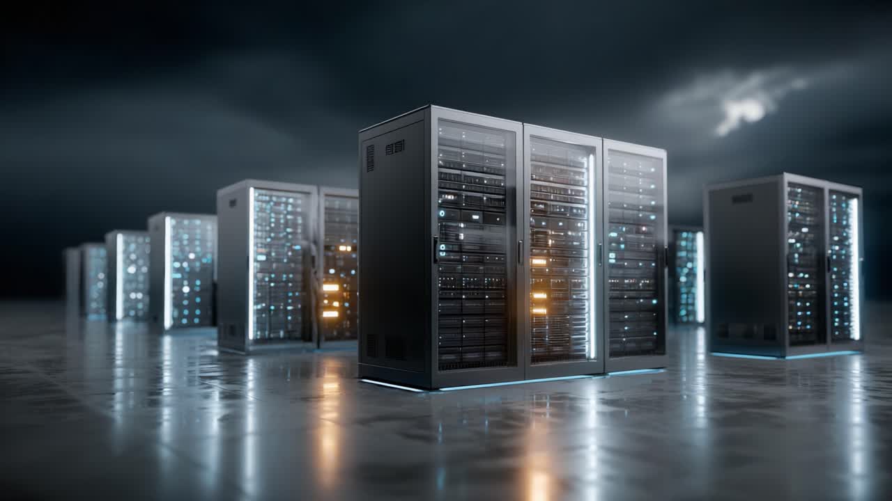 Un ambiente high-tech di data center che mostra rack di server immersi in uno sfondo misterioso, circondati da un'illuminazione spettacolare e superfici riflettenti