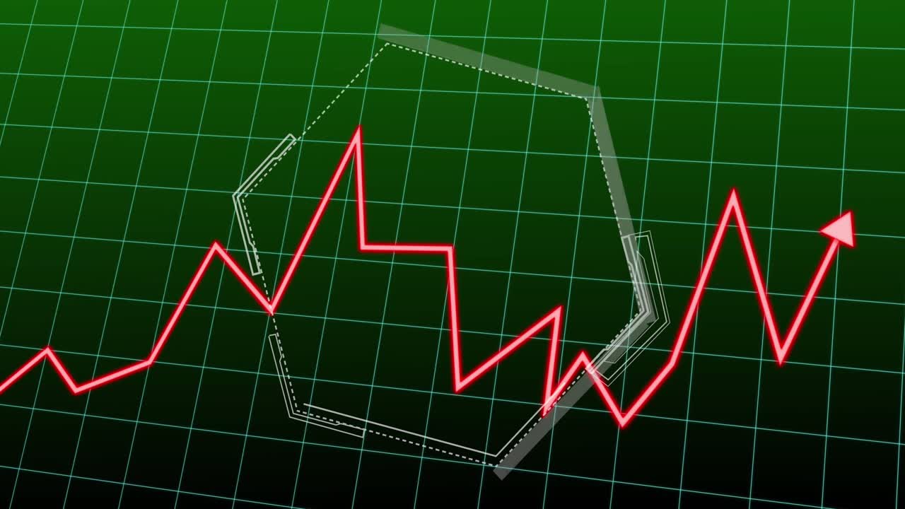 Animation of statistical data processing over grid network and hexagon against green background
