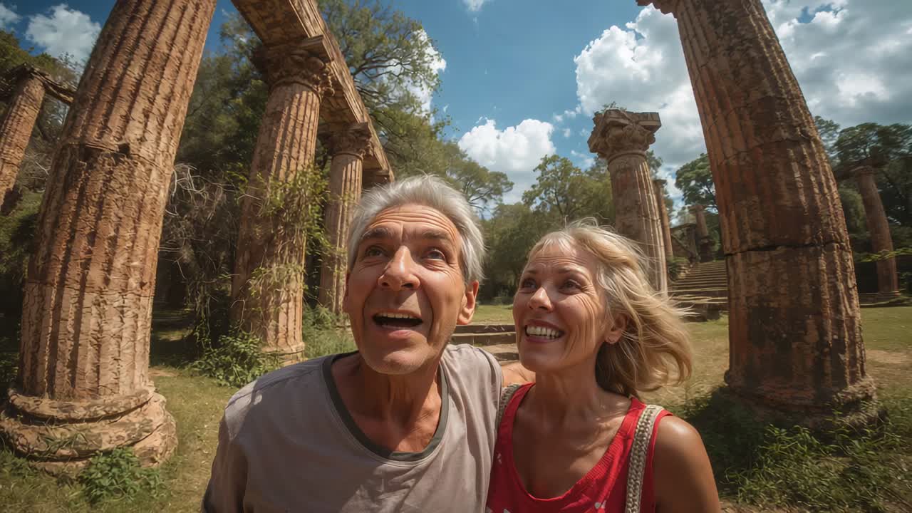 Walking senior man and middle-aged woman starting stroll at ancient columns, touring site in red