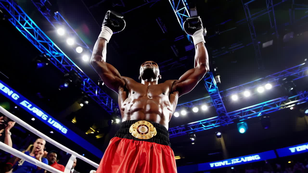 el campeón de boxeo celebra la victoria en el ring