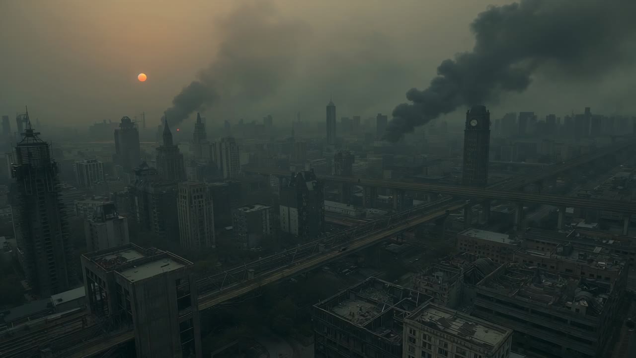 Skyline emitting smoke rising and drifting under sinking sun, with scaffolding and highway