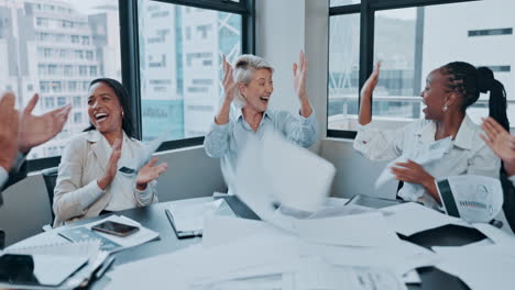 throw, paper and business people high five