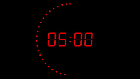 Animation of red digital timer changing with dots in circle on black background
