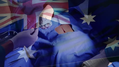 Animación-De-La-Bandera-De-Australia-Sobre-Cirujanos-En-El-Quirófano.