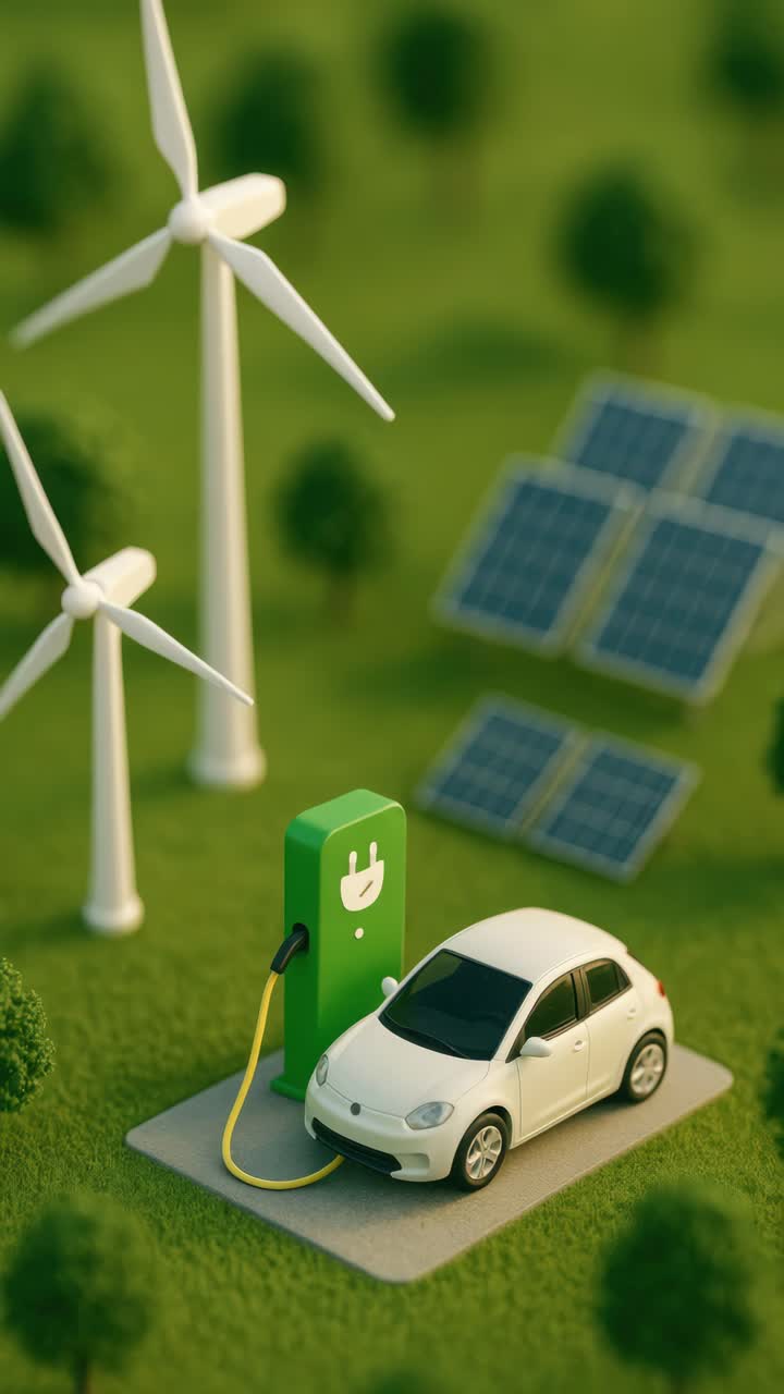Aerial view of a miniature eco-friendly scene with a car charging, wind turbines, and solar panels
