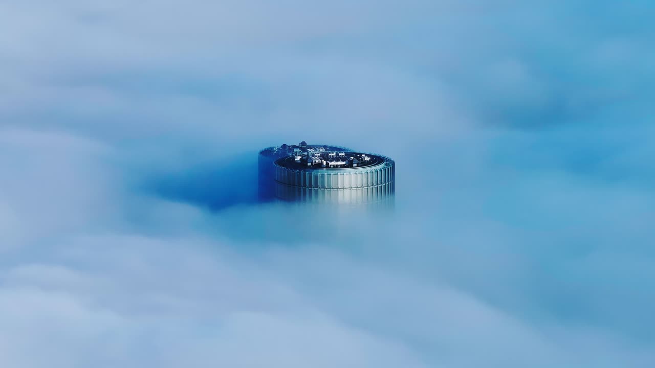 Thick clouds drift above Riga, revealing only the top of lone modern skyscraper
