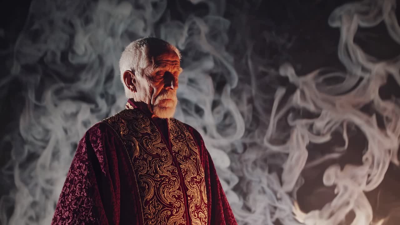 Elderly priest wearing an elegant robe, stands solemnly amidst swirling smoke during a sacred fire ceremony, creating a mystical and spiritual atmosphere inside a temple