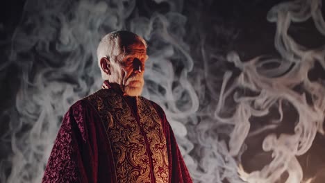 elderly priest wearing an elegant robe, stands solemnly amidst swirling smoke during a sacred fire ceremony, creating a mystical and spiritual atmosphere inside a temple