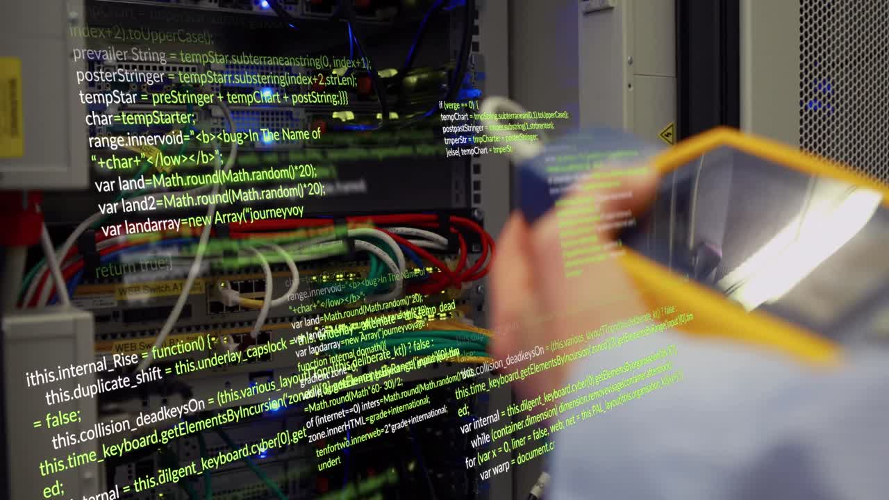 Animation of data processing over caucasian woman in server room