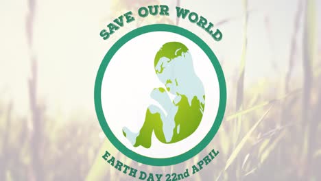 animation of earth day text and baby coloured with globe over grass