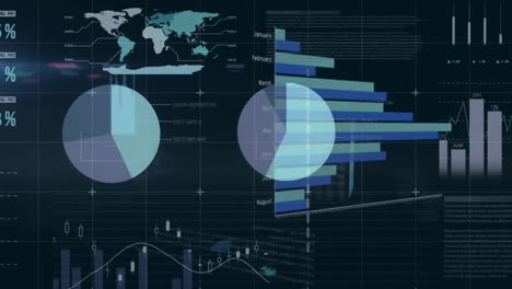 Animation-of-diagrams-with-world-map-and-data-processing-over-black-background