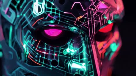 close up of a futuristic robot head with glowing neon lights