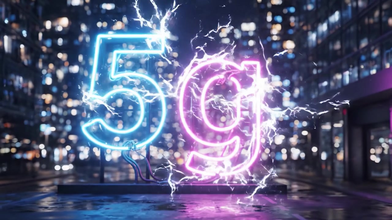 Illuminated 5G Sign in Urban Nightscape with Vibrant Neon Colors Amidst Skyscrapers and City Lights, Symbolizing Advanced Connectivity and Technology
