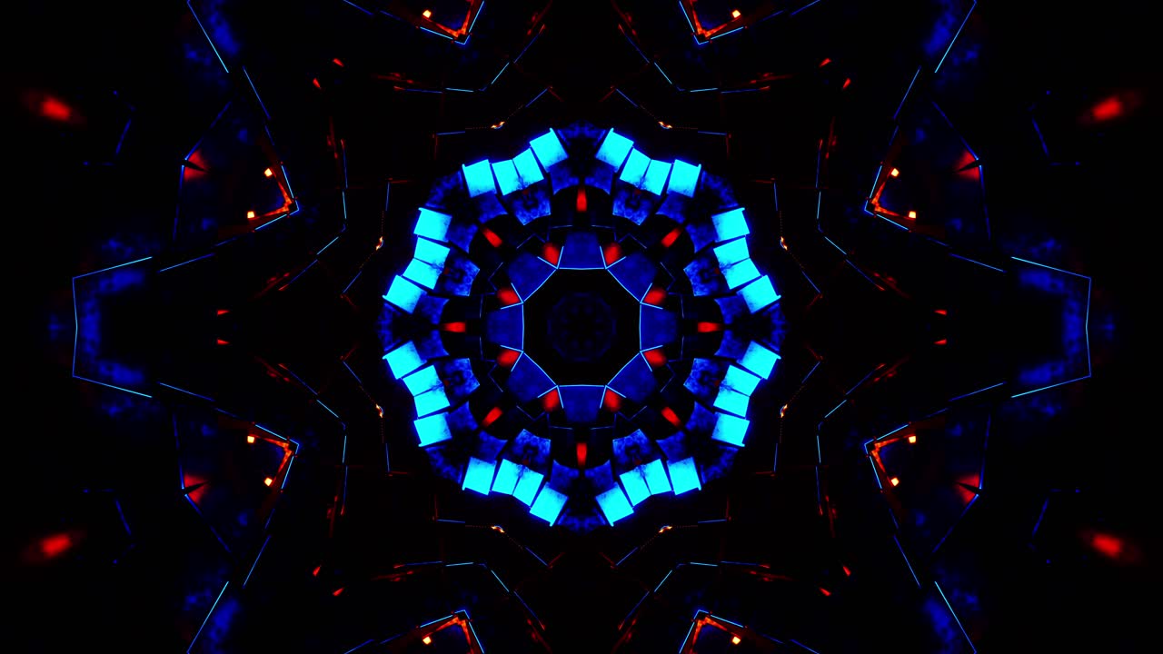 Volando attraverso un tunnel di cubi metallici blu e arancioni. Loop VJ caleidoscopico