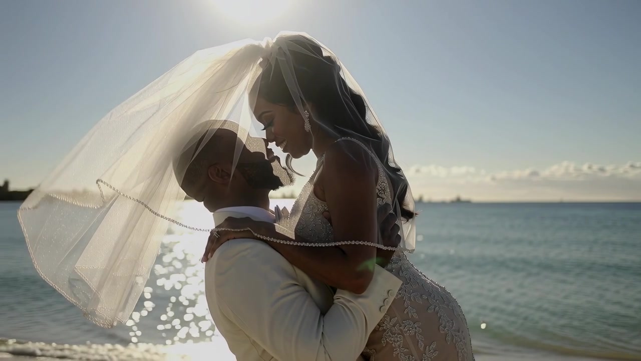 Drawing groom lifting bride at sunlit shore, posing under veil with lace gown and suit