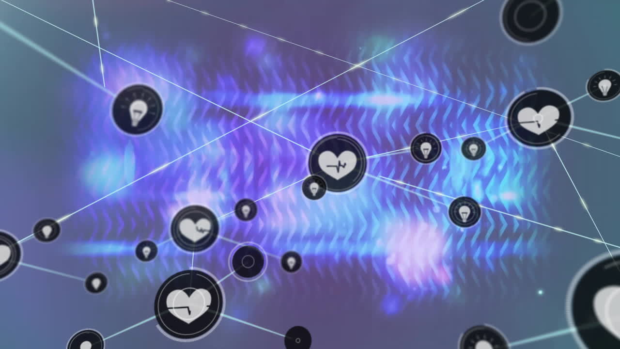 빛나는 빛의 경로 위에 아이콘으로 연결된 네트워크의 애니메이션