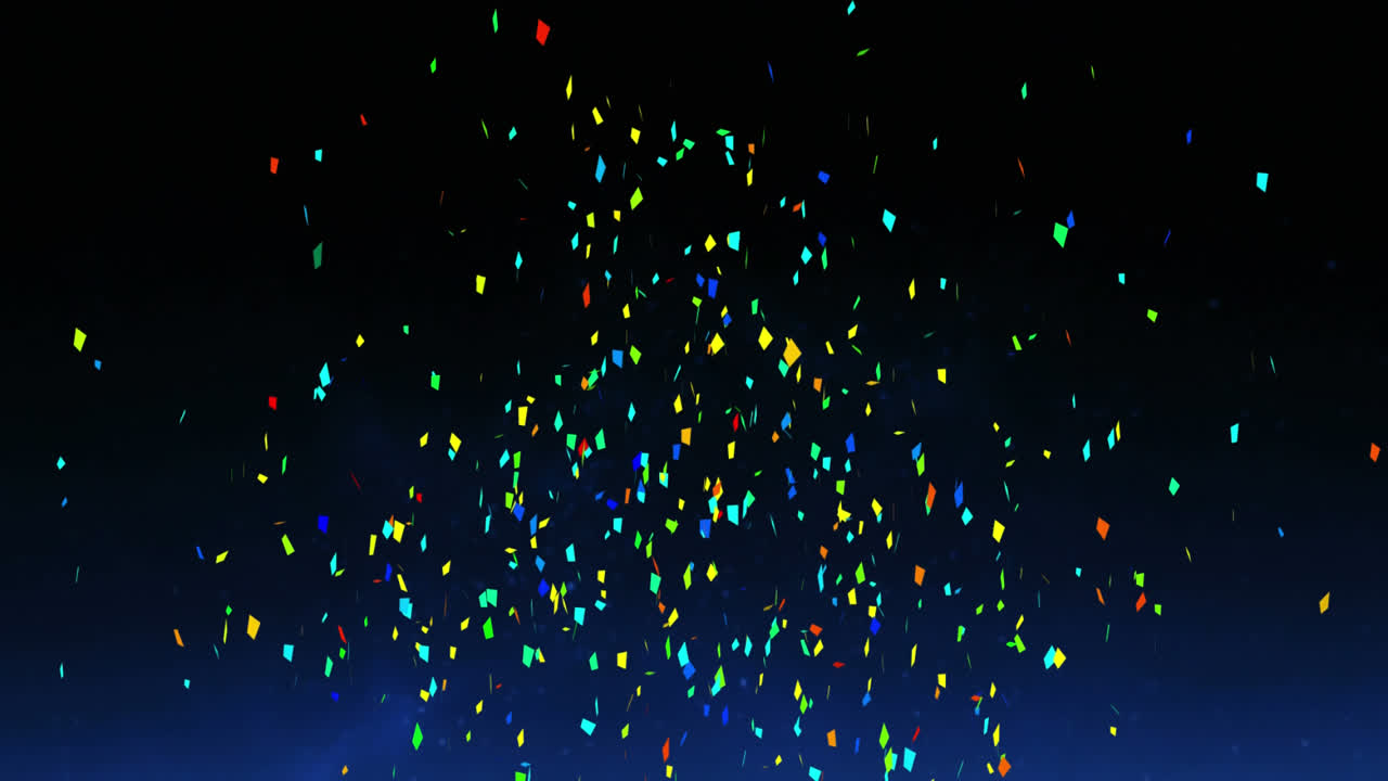 파란색 배경 위에 떨어지는 다채로운 콘페티의 애니메이션