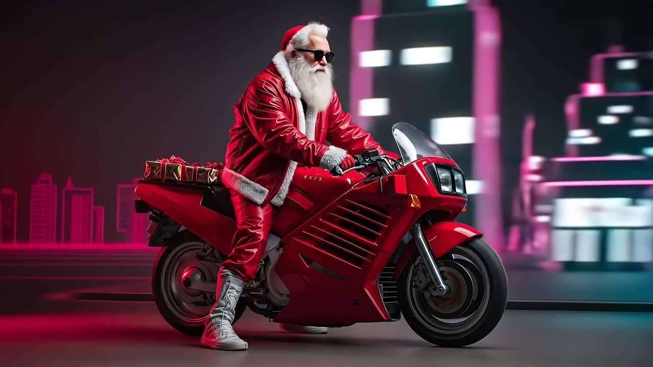 A man in a santa claus outfit riding a red motorcycle on a city street