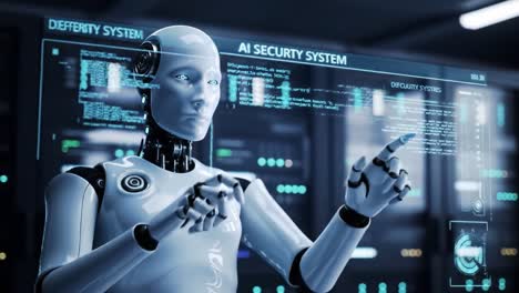 futuristic ai security system: a humanoid robot analyzing data with interactive displays in a high-tech digital environment