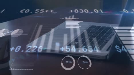 animación de datos financieros y gráficos que se mueven sobre una computadora portátil que se encuentra en el escritorio