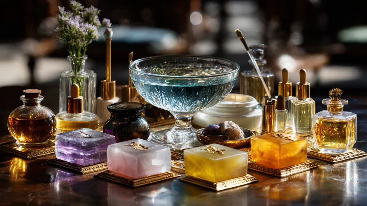 An Elegant Arrangement of Colorful Perfume Bottles, Luxurious Oils, and Delicate Floral Accents, Showcasing a Variety of Beautiful Glass Containers and Vibrantly Colored Soaps on a Polished Wooden Surface