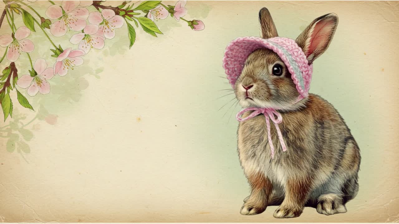 Charming Bunny in a Pink Hat Among Blossoming Flowers: A Delightful Visual Journey Featuring a Whimsical Rabbit in a Playful Hat Captured in Two Frames