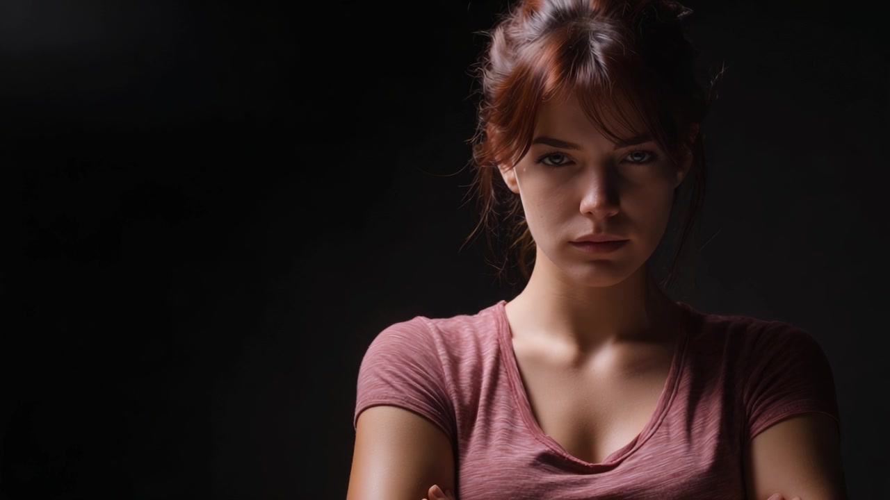 Intense Female Expression with Crossed Arms Captured in Dramatic Lighting Setting, Emphasizing Confidence and Determination in a Dark Background
