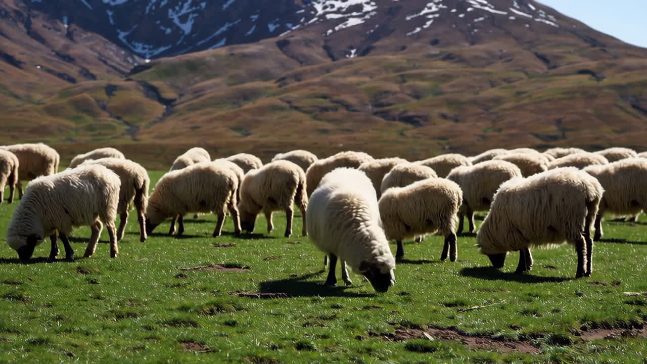 Овцы пасутся в поле на фоне гор