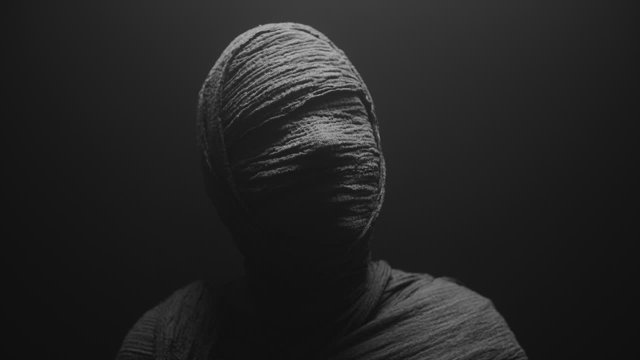 A mummy of a woman on a dark backdrop slowly rises her head