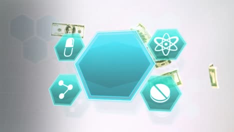 Animation-of-hexagonal-shapes-and-medical-icons-over-us-dollar-bill-falling-against-grey-background