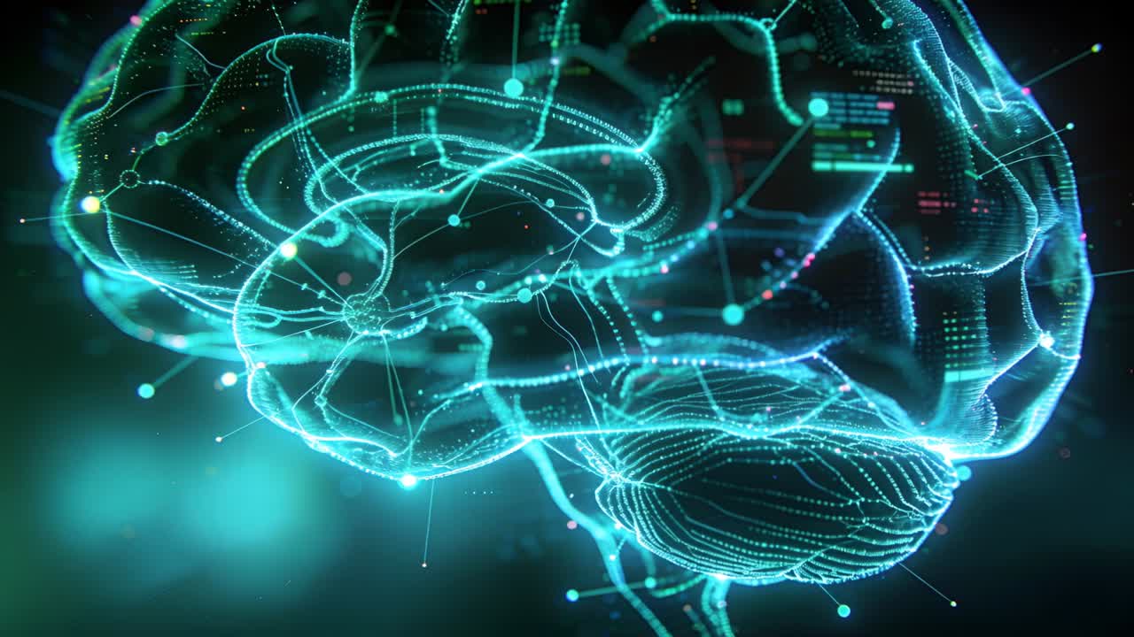 Receiving data stream brain wireframe rotating in virtual studio, pulsing nodes showing neural data