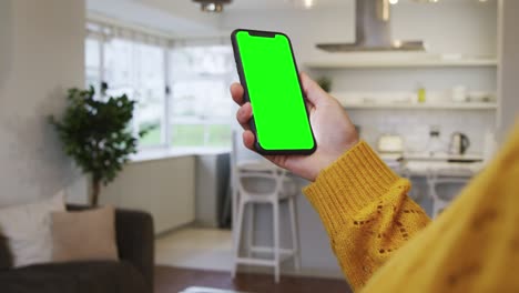 woman using smartphone in kitchen