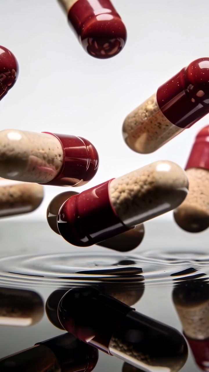 Video verticale: Caduta di capsule rosso-trasparenti con perline beige, che sfiorano una superficie nera creando increspature.
