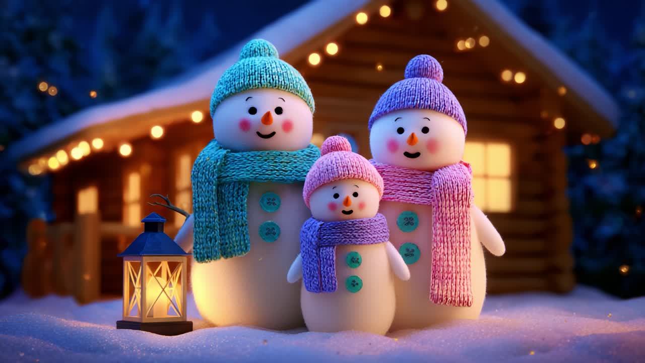 A Charming Winter Scene Featuring Playful Snowmen Adorned with Colorful Scarves and Hats, Surrounded by Twinkling Lights, Creating a Cozy Atmosphere for the Holidays and Family Gatherings