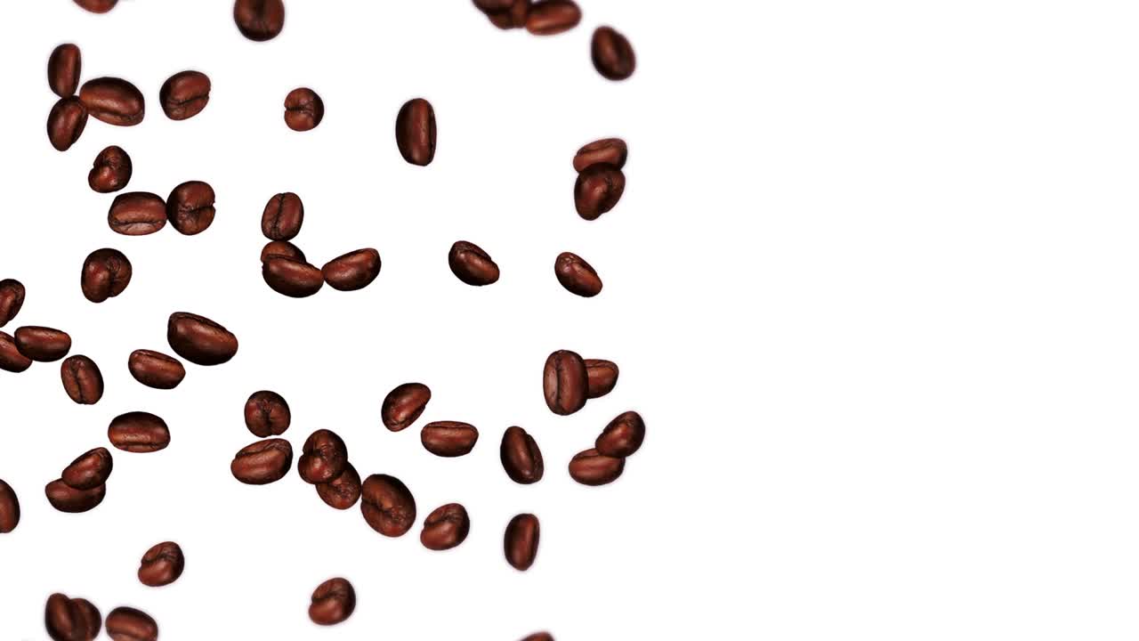 Molti chicchi di caffè che volano su sfondo bianco. Bevanda alla caffeina, Colazione, Aroma. Animazione 3D di chicchi di caffè tostati che ruotano. Animazione in loop