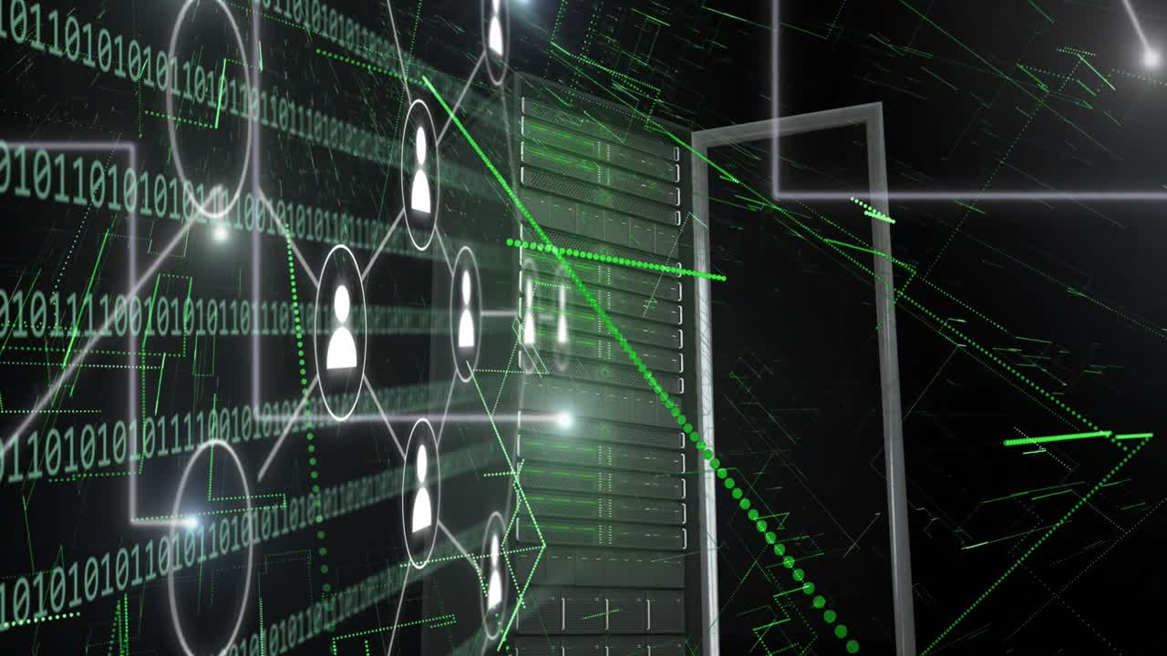 Animation of media icons and spots over server and binary coding