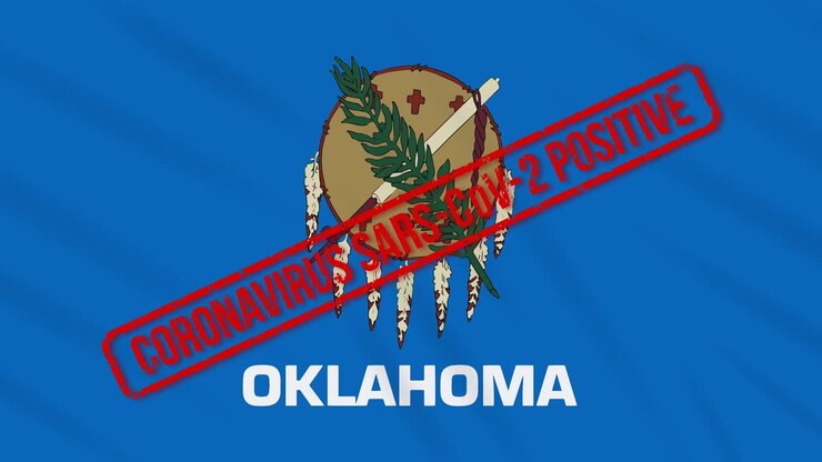 Oklahoma US state swaying flag stamped with positive response to COVID-19, loop