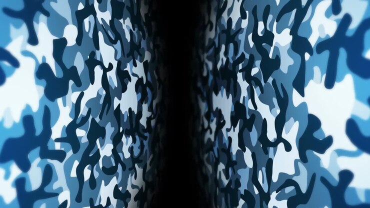 Blue camouflage pattern background. Military uniform concept. Abstract line and wave texture. Loop animation.