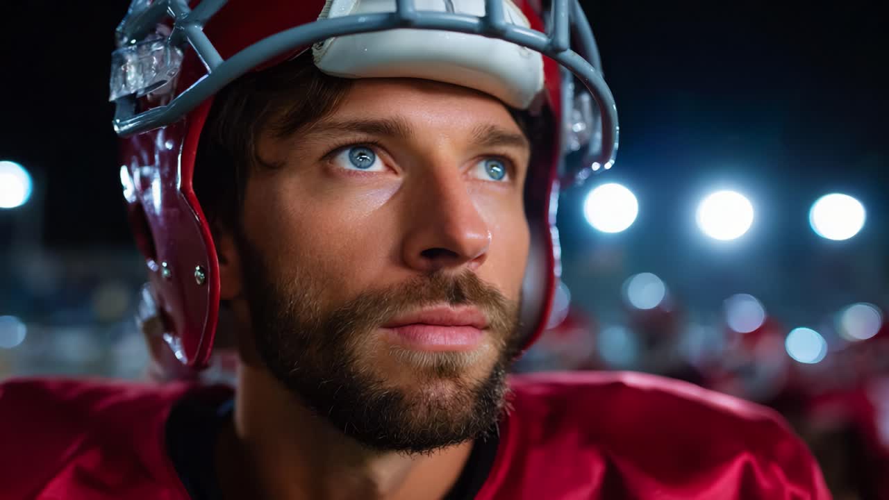 Intensa concentrazione di un giocatore di football americano sotto i riflettori immortalata in due immagini, che mettono in risalto determinazione, strategia e preparazione per un'imminente partita
