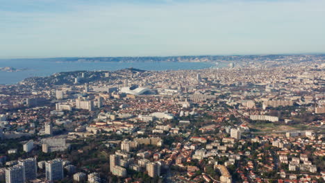 drone pan view of marseille city in france