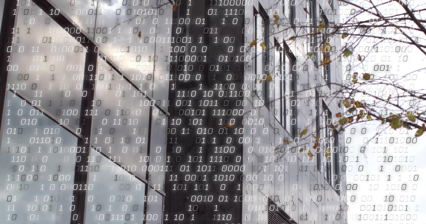 On start binary digits drifting over building facade as camera panning right illustrating data flow