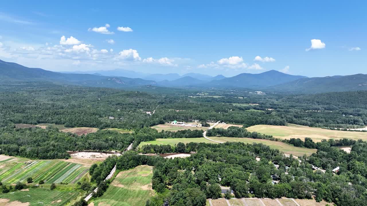 Drone landscape view of New Hampshire mountains on a sunny day in New England