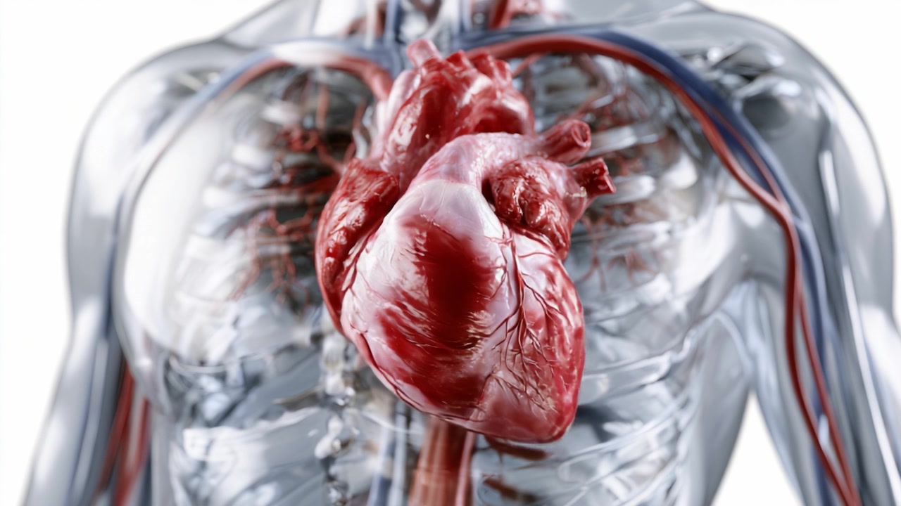Rendering 3D realistico di un cuore umano in un modello anatomico trasparente, che evidenzia la struttura cardiaca e il sistema vascolare circostante in azione.