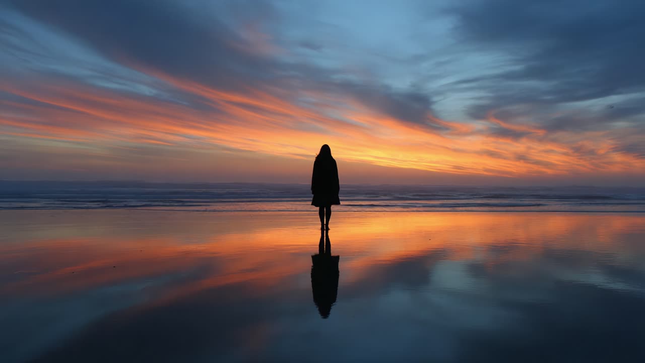 A solitary figure stands at the edge of a serene beach, silhouetted against a stunning sunset that paints the sky with vibrant colors, reflecting on the tranquil water surface